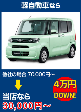 軽自動車なら、他社の場合70,000円～のところを（株）富士屋ガラス店・小山店なら30,000円～　5万円DOWN！